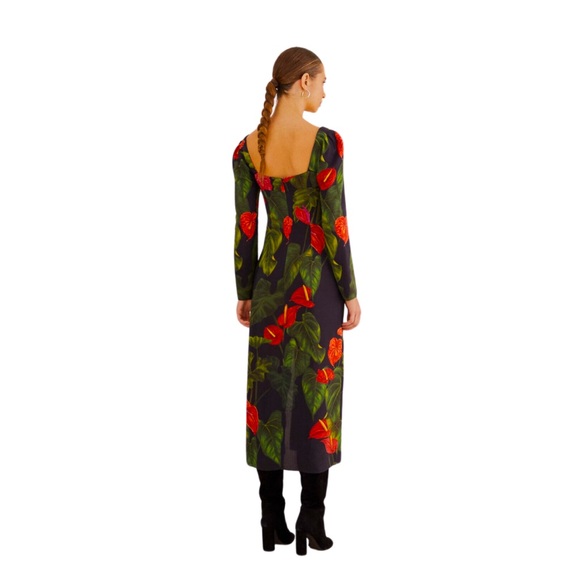 NWT 🏷️ Farm Rio Black Anthurium Slit Midi Dress🌺🦜 - Picture 5 of 6